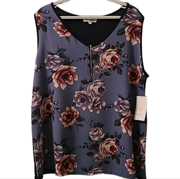 MODERN ATTRACTION WOMENS PLUS SIZE SLEEVELESS BLUE FLORAL V-NECK TOP SIZE 2X - Picture 1 of 15